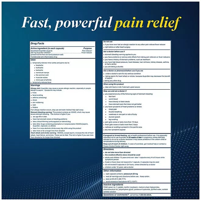 Advil Liqui-Gels Pain Reliever and Fever Reducer, Ibuprofen 200mg Capules, 240 ct