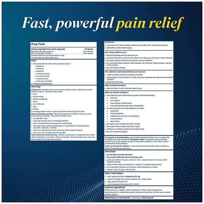 Advil Liqui-Gels Pain Reliever and Fever Reducer, Ibuprofen 200mg Capules, 240 ct Advil