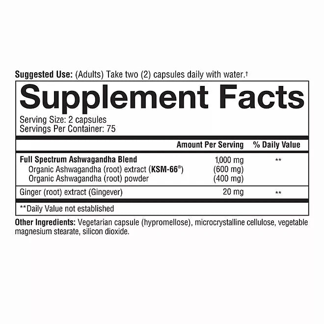 Youtheory Ashwagandha 1000 mg Vegetarian Capsules 150 ct. Youtheory