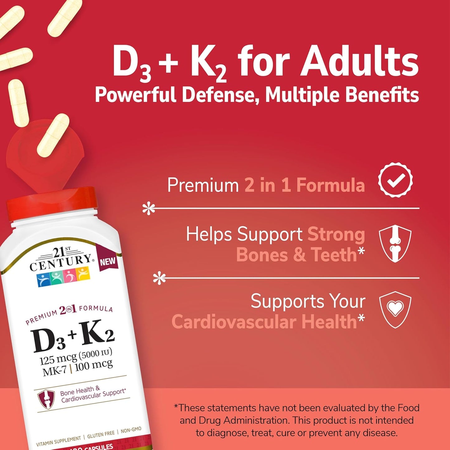21st Century Vitamin D3 125 mcg + K2 100 mcg, (120 Count)