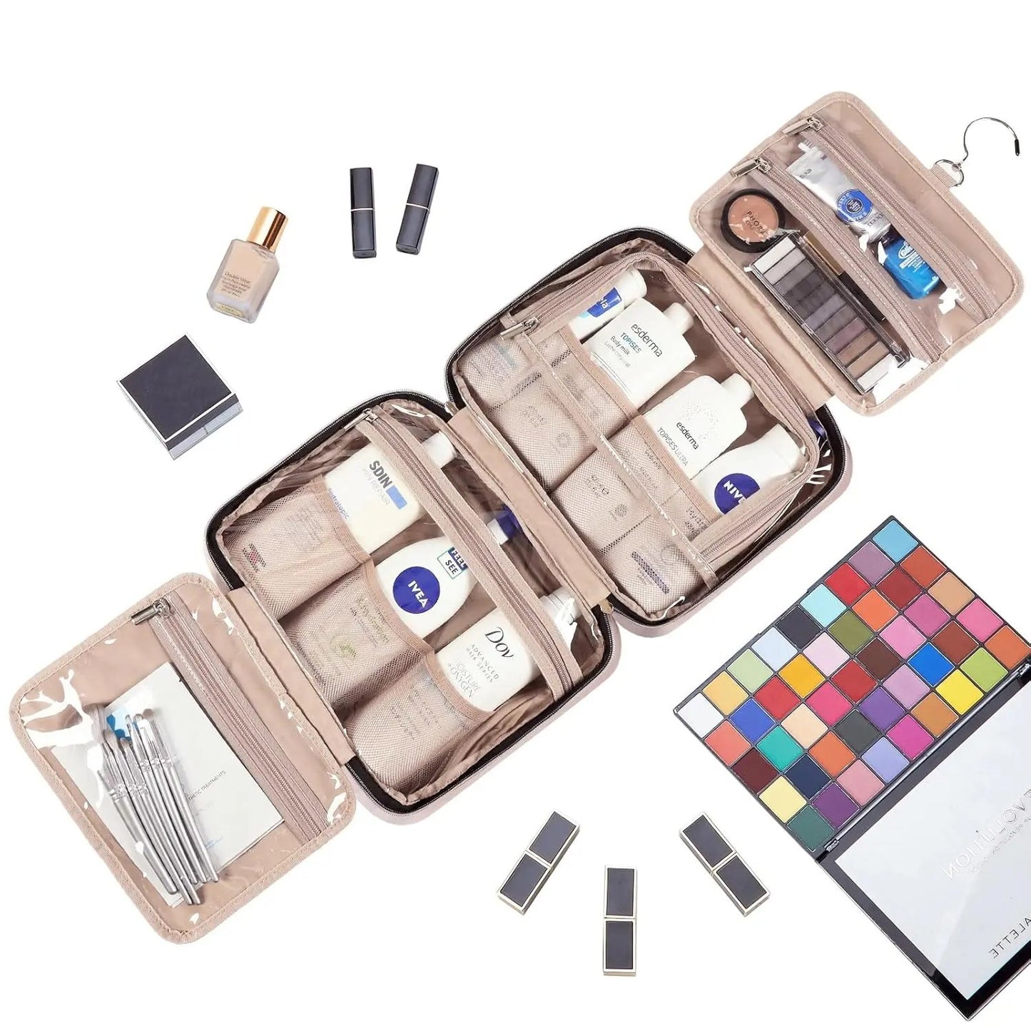 NISHEL Travel Toiletry Bag for women, Portable Hanging Organizer for Full-Sized Shampoo, Conditioner, Brushes Set, Travel-Size Accessories, Aegean-Blue NISHEL