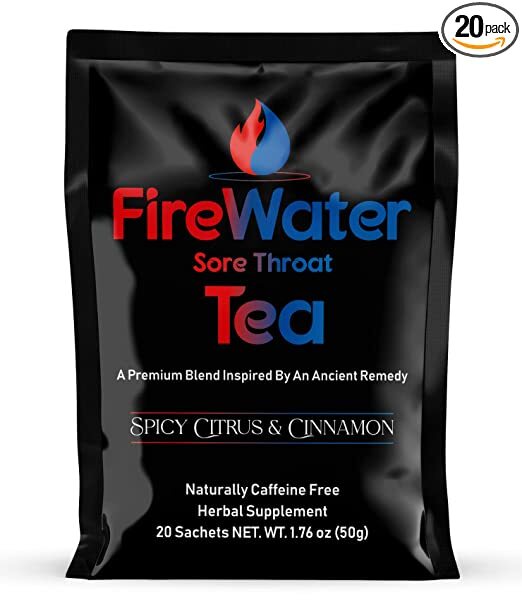 FireWater Sore Throat Tea - Organic Caffeine Free Herbal Tea, Relieves Sore Throats, Chronic Cough, Mucus, Sinus Congestion, Spicy Citrus and Cinnamon. - 20 Sachets