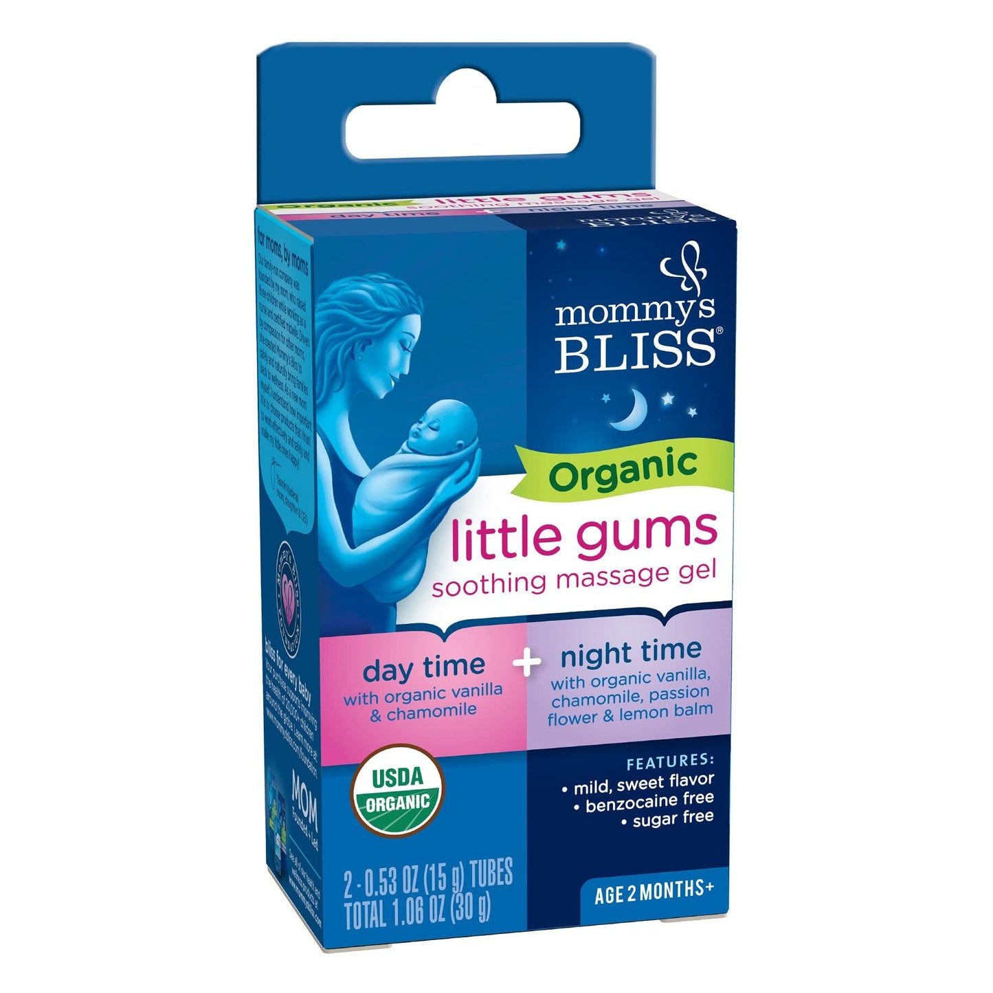 Mommy's Bliss Organic Little Gums Soothing Massage Gel Day and Night Combo, Helps with Tender Gums, Age 2 Months+, Sugar Free, Mild & Sweet Flavor, 2 - 0.53 Oz Tubes (Pack of 1)