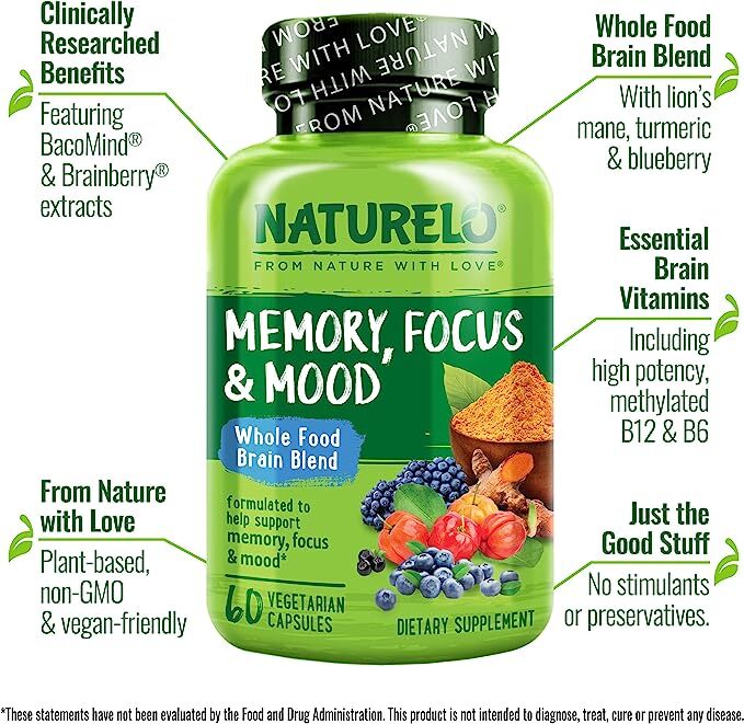NATURELO Whole Food Brain Blend Supplement, Helps Support Memory, Focus and Mood - 60 Vegetarian Capsules