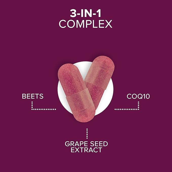 Qunol Blood Pressure Support, 3 in 1 Beets + CoQ10 + Grape Seed Extract, 60 Count