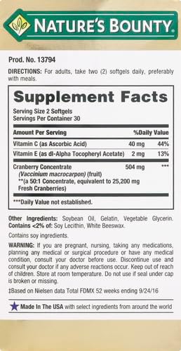 Nature's Bounty Cranberry softgels 25,200 mg 60 softgels