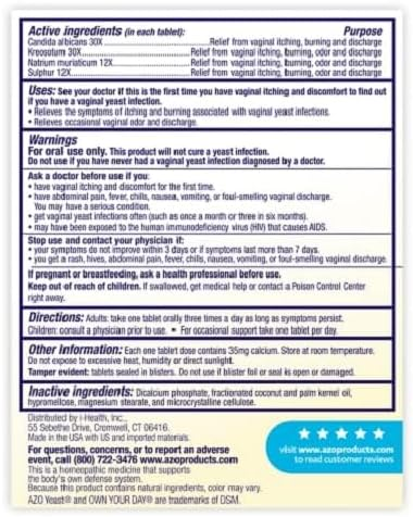 AZO Yeast Plus Dual Relief Tablets- Relieves Itching & Burning, 60 Count AZO