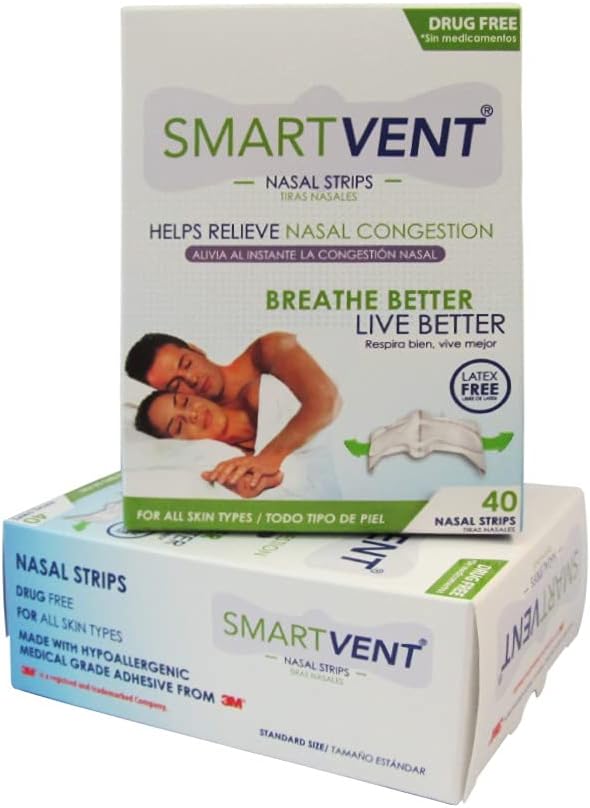 SMART VENT 40 Drug and Latex Free Nasal Strips That Instantly Relieve Nasal Congestion Breathe Better, Live Better. Includes 2 Practical Cases.