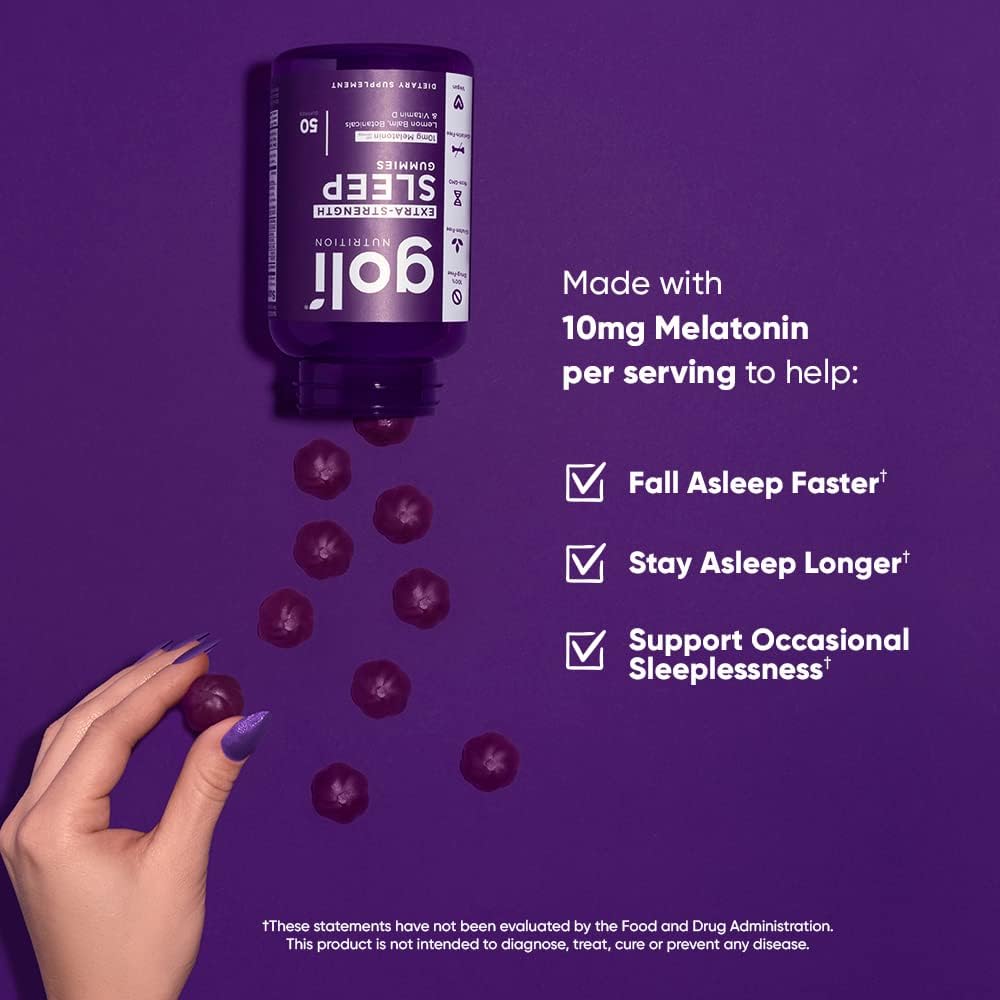 Goli Extra Strength Sleep Gummies 10mg Melatonin - 1 Pack 50 Count - Gluten-Free, Vegan, Non-GMO, and Gelatin-Free. Made with Lemon Balm, Botanicals, Vitamin D and 10mg Melatonin per Serving