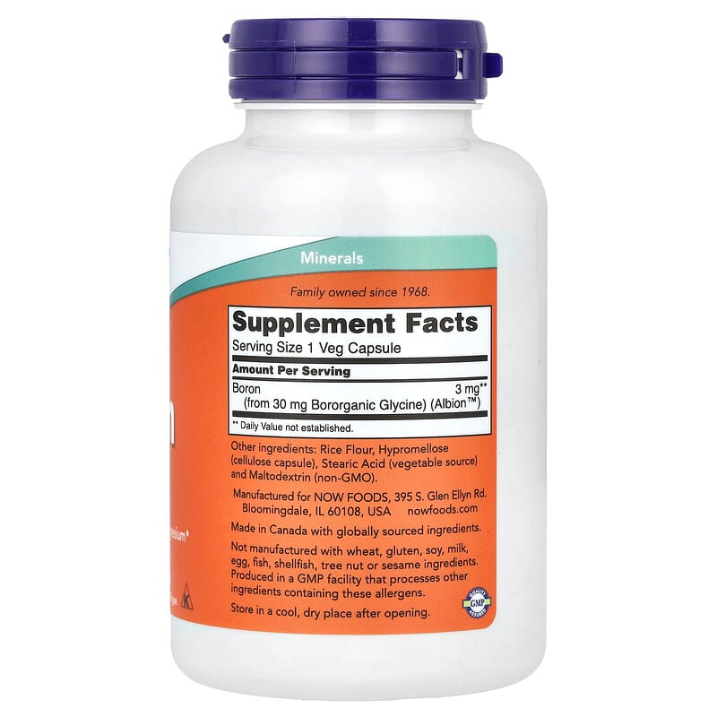 NOW Supplements, Boron 3 mg (Bororganic Glycine), Structural Support*, 250 Veg Capsules