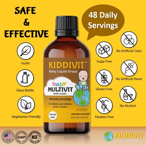 Kiddivit Baby Multivitamin Liquid Drops with Inulin - 48 Daily Servings, 4 Fl Oz (120ml)
