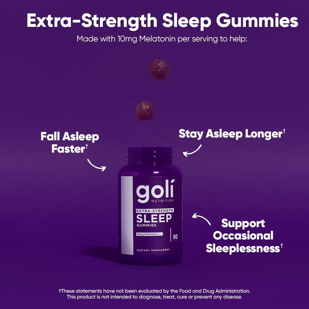 Goli Extra Strength Sleep Gummies 10mg Melatonin - 1 Pack 50 Count - Gluten-Free, Vegan, Non-GMO, and Gelatin-Free. Made with Lemon Balm, Botanicals, Vitamin D and 10mg Melatonin per Serving