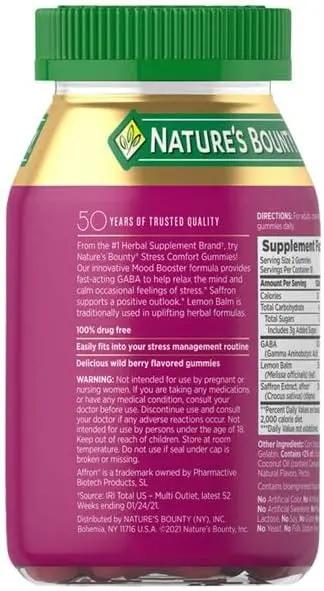 Nature's Bounty, Mood Booster, Dietary Supplement with Saffron, GABA, and Lemon Balm, Calms Feelings of Occasional Stress, Wild Berry Flavor, 36 Gummies Nature's Bounty