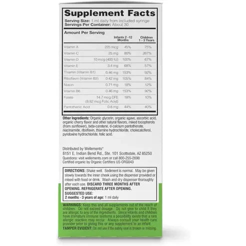 Wellements Organic Multivitamin Drops, 1 Fl Oz, Baby Liquid Vitamin Supplement for Infants & Toddlers, Provides Daily dose of Vitamins A,B,C,D & E.* No Artificial Colors or Unnecessary Preservatives Wellements