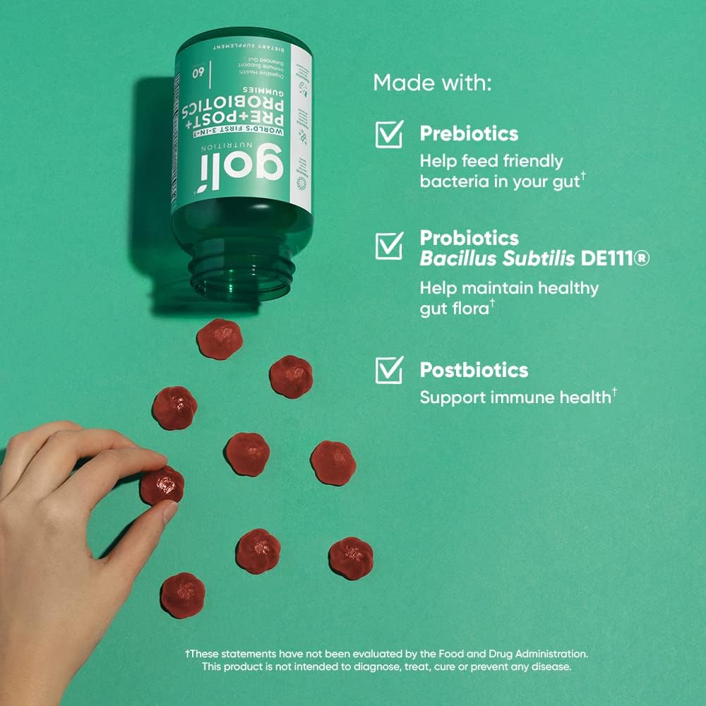 Goli Pre + Post + Probiotics Gummies - 60 Count - World’s First 3-in-1 Gluten-Free, Vegan, Non-GMO, and Gelatin-Free.