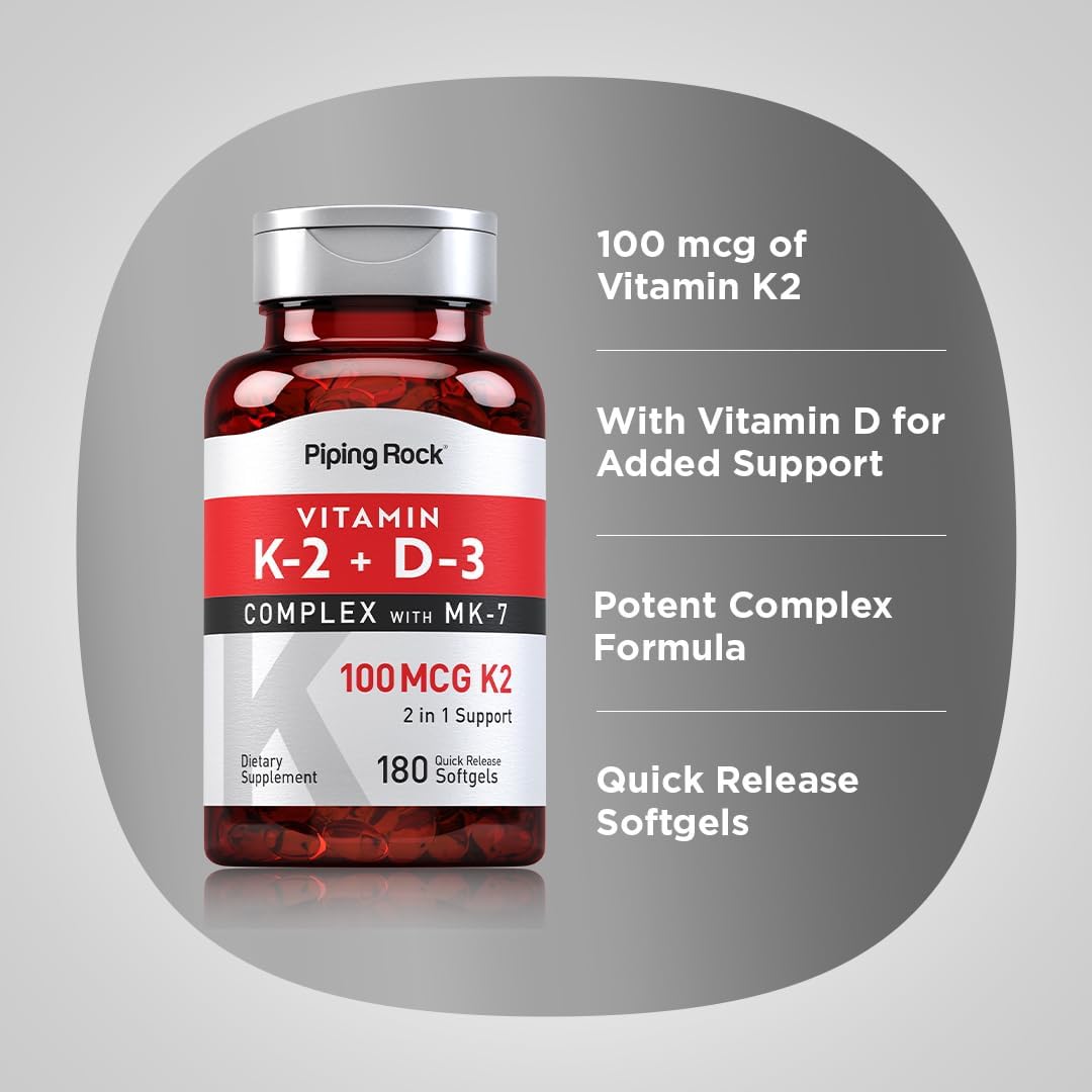 Piping Rock Vitamin K2 MK7 with D3 | 180 Capsules | 800 mcg Complex | Vitamin D3 5000 IU | Non-GMO, Gluten Free