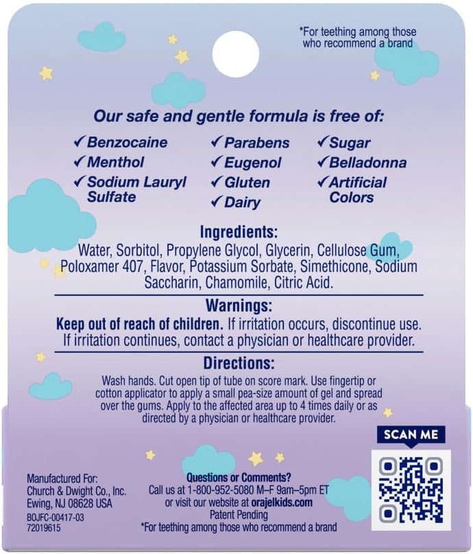 Orajel Baby Nighttime Cooling Gel for Teething, Drug-Free, 1 Pediatrician Recommended Brand for Teething, One .18oz Tube Orajel