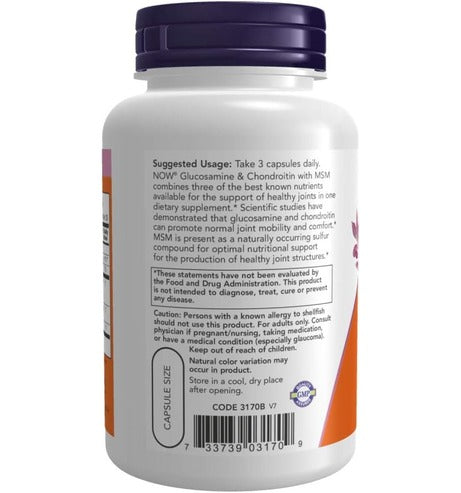NOW Supplements, Glucosamine & Chondroitin with MSM, Joint Health, Mobility and Comfort*, 180 Veg Capsules