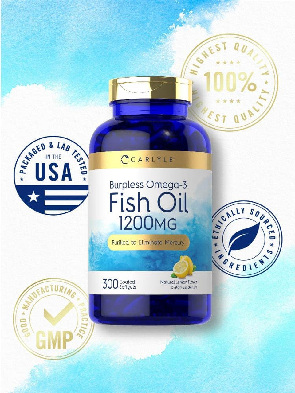 Burpless Fish Oil 1200 mg | 300 Softgels | with 360 mg Omega-3 Fatty Acids | Natural Lemon Flavor | Non-GMO, Gluten Free Supplement