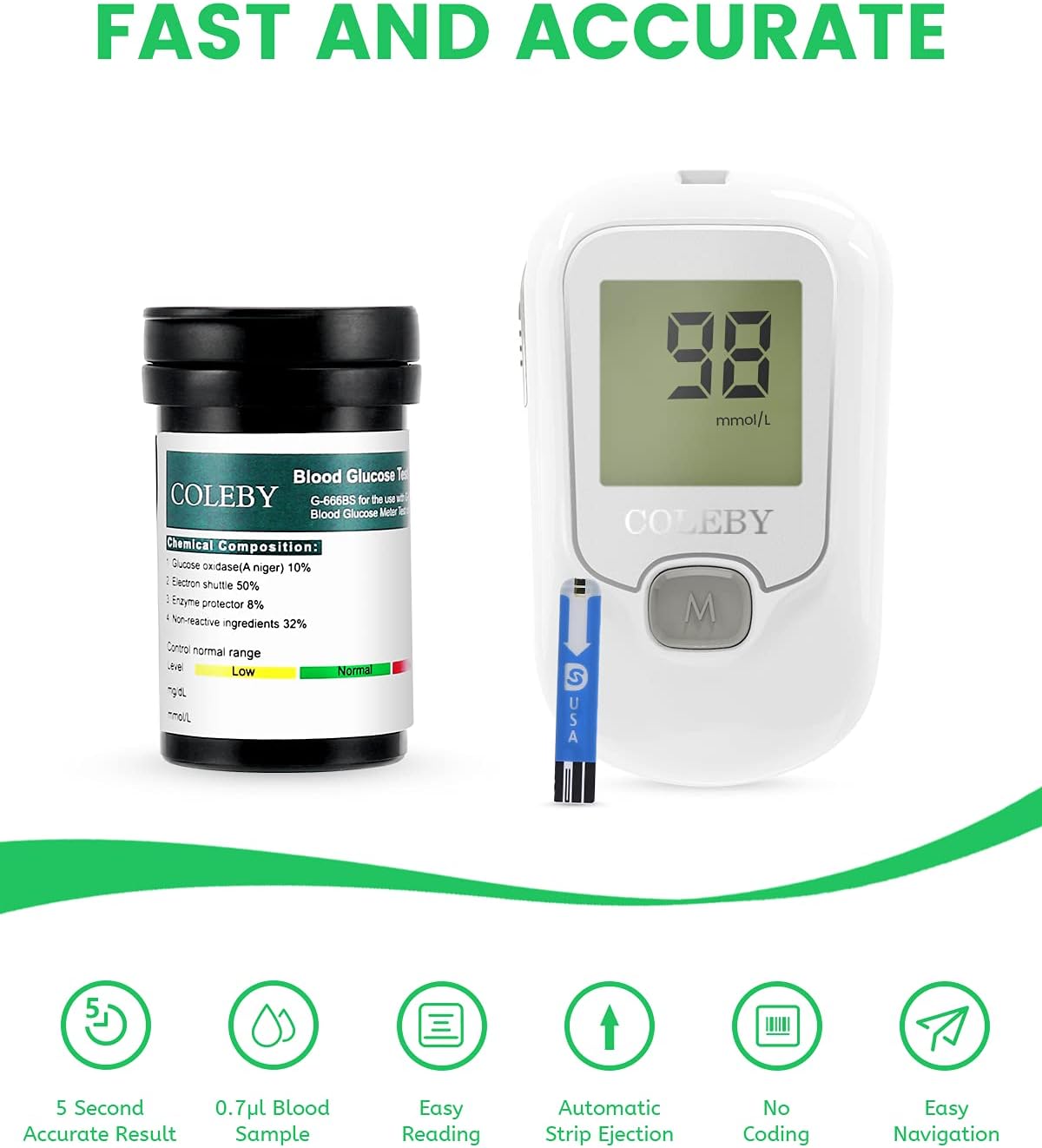 COLEBY Blood Glucose Monitor Kit G-666B, Blood Sugar Test Kit with Lancing Device, 100 Test Strips and 100 Lancets, Smart Diabetes Testing Kit, Portable Diabetic Glucometer, Glucose Meter for Home Use