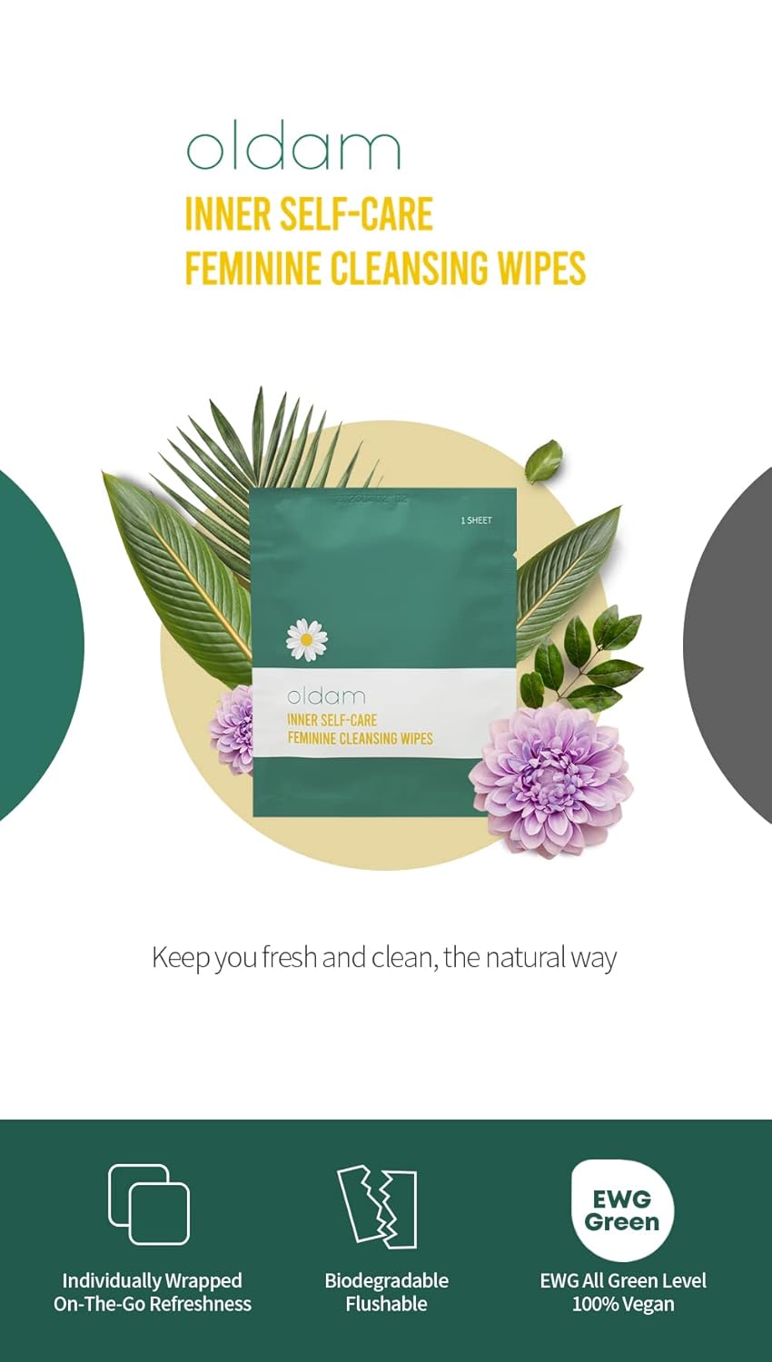 Oldam Feminine Flushable Wipes:100% Vegan, pH-Balanced, Moisturizers & Essential Oils, Sensitive Skin, Alcohol & Paraben Free, Eco-Friendly, and Ultra-Soft (Total 25 Individually Wrapped)