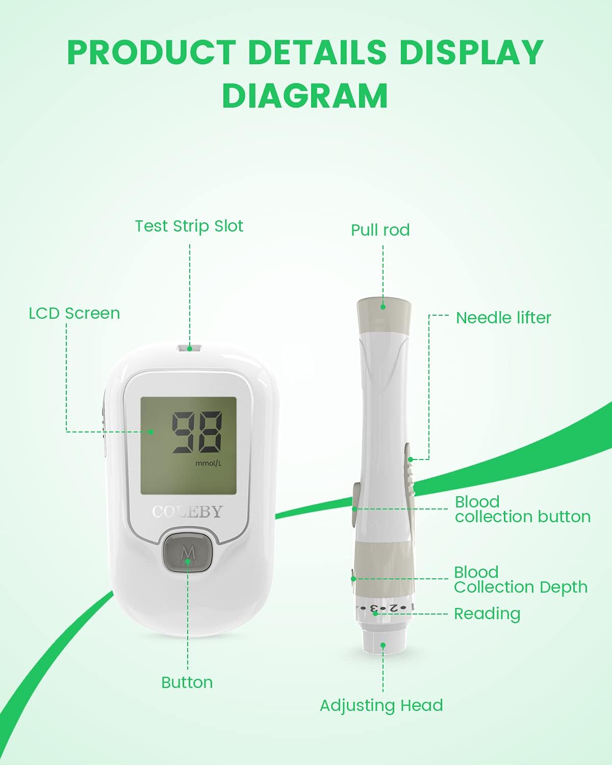 COLEBY Blood Glucose Monitor Kit G-666B, Blood Sugar Test Kit with Lancing Device, 100 Test Strips and 100 Lancets, Smart Diabetes Testing Kit, Portable Diabetic Glucometer, Glucose Meter for Home Use