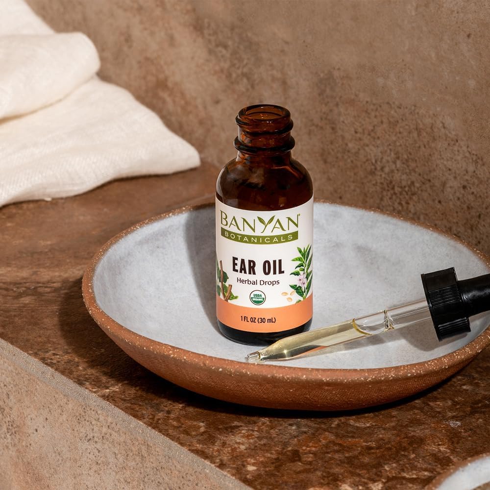 Banyan Botanicals Ear Oil – Organic Herbal Drops with Ashwagandha, Bilva & Garlic – Soothing and Comforting for The Ears – 1 oz – Non GMO Sustainably Sourced No Sting