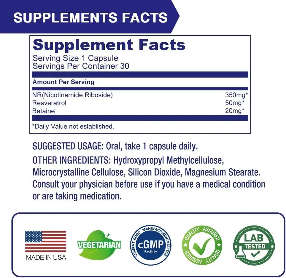 Lovita NR (Nicotinamide Riboside) 350 mg, Similar to NMN, NAD Supplement with Resveratrol and Betaine, 30 Vegetarian Capsules Lovita