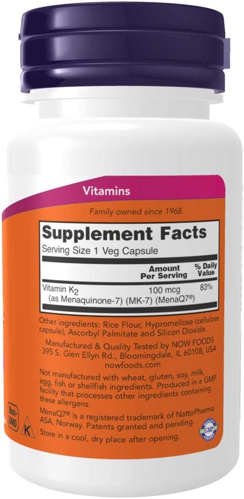 Now Foods Vitamin K-2 (MK7) Veg Capsules, 100 mcg, 60 Count