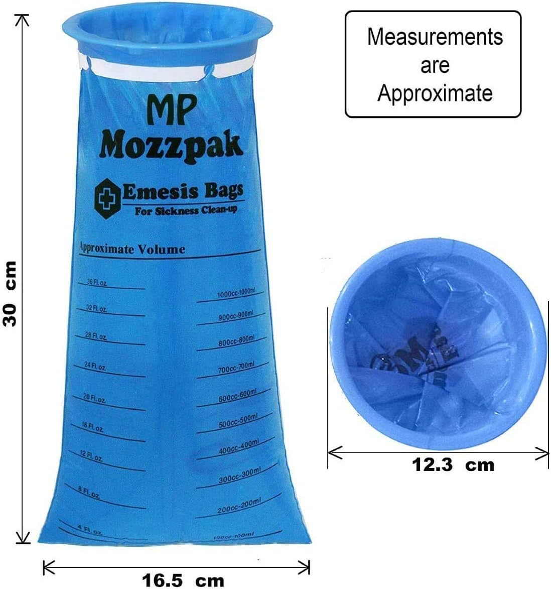 MP MOZZPAK Vomit Bags – 15 Pack – 1000ml Emesis Bags – Leak Resistant, Medical Grade, Portable, Disposable Barf, Puke, Throw Up, Nausea Bags for Travel Motion Sickness, Car & Aircraft, Kids, Taxi