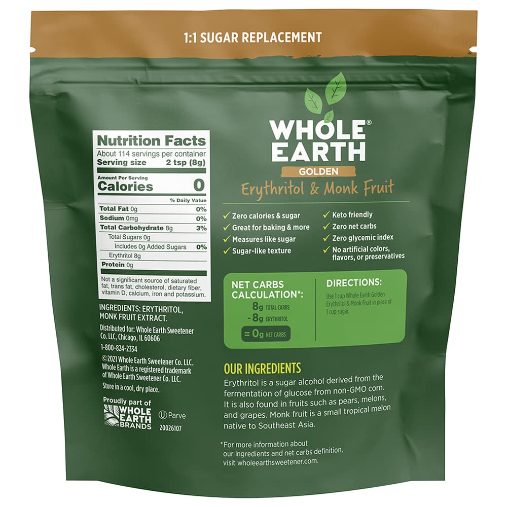 Whole Earth, Plant-Based Sugar Alternative - Golden Sweetener Erythritol & Monk Fruit, Zero Calories, No Artificial Colors and Keto Friendly (32Oz / 2Lb)