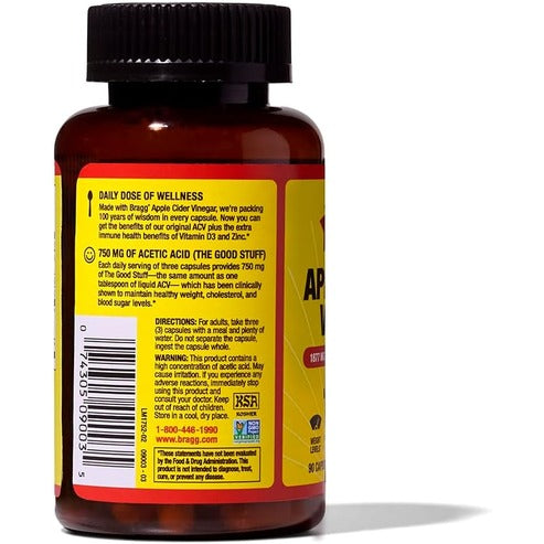 Bragg Apple Cider Vinegar Capsules - 750mg of Acetic Acid – Immune & Weight Management Support - 90 capsules