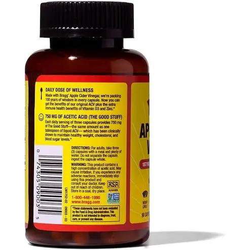 Bragg Apple Cider Vinegar Capsules - 750mg of Acetic Acid – Immune & Weight Management Support - 90 capsules Bragg