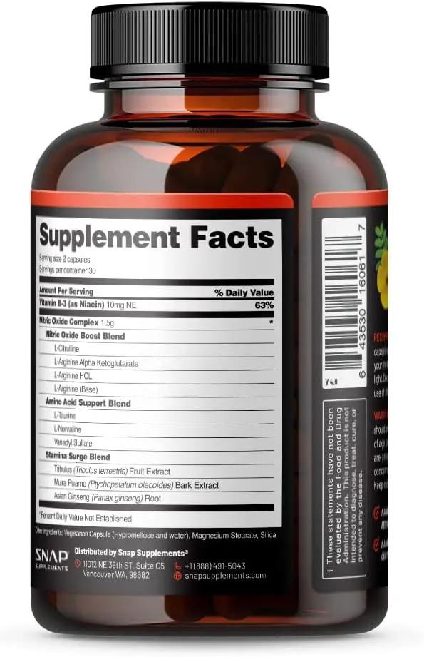 Snap Supplements Nitric Oxide Booster, Nitric Oxide Supplement for Blood Circulation and Blood Flow, 60 Capsules Snap Supplements