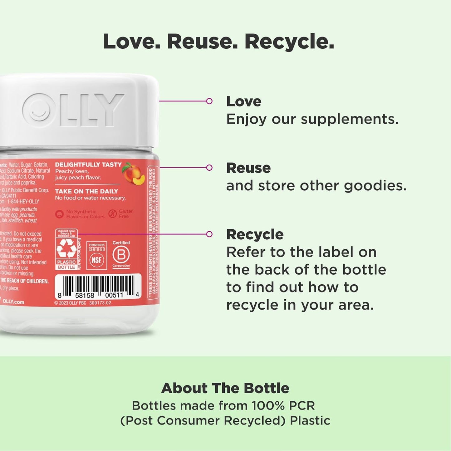 OLLY Probiotic + Prebiotic Gummy, Digestive Support and Gut Health, 500 Million CFUs for Men and Women, Peach, 30 Gummies