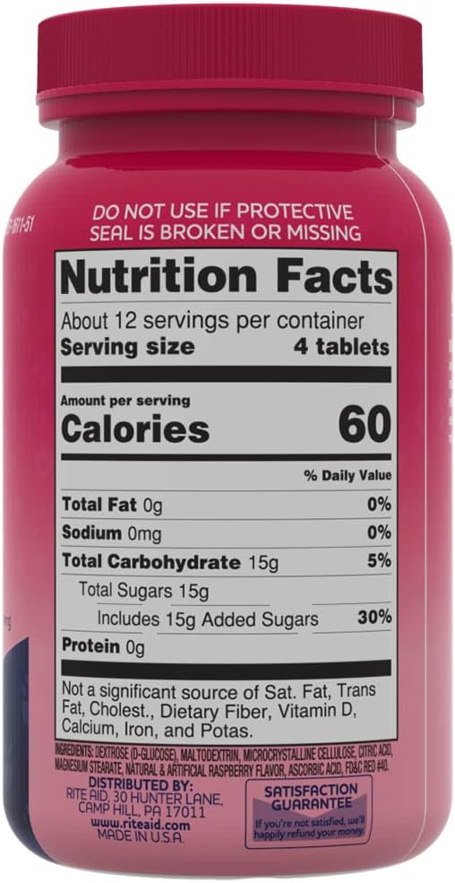 Rite Aid Glucose Tablets, Raspberry, 50 Count | Blood Sugar Support Supplements