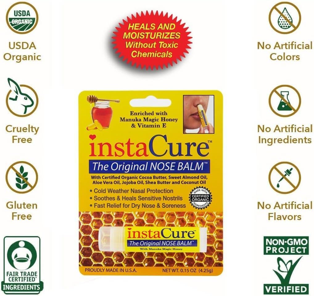 Fast Relief for Cracked, Dry and Sore Noses! InstaCure's Original Nose Balm with Raw Manuka Honey, Plus Coconut Oil, Shea Butter and Other Certified Organic Ingredients. Great Topical for Dogs' Noses!