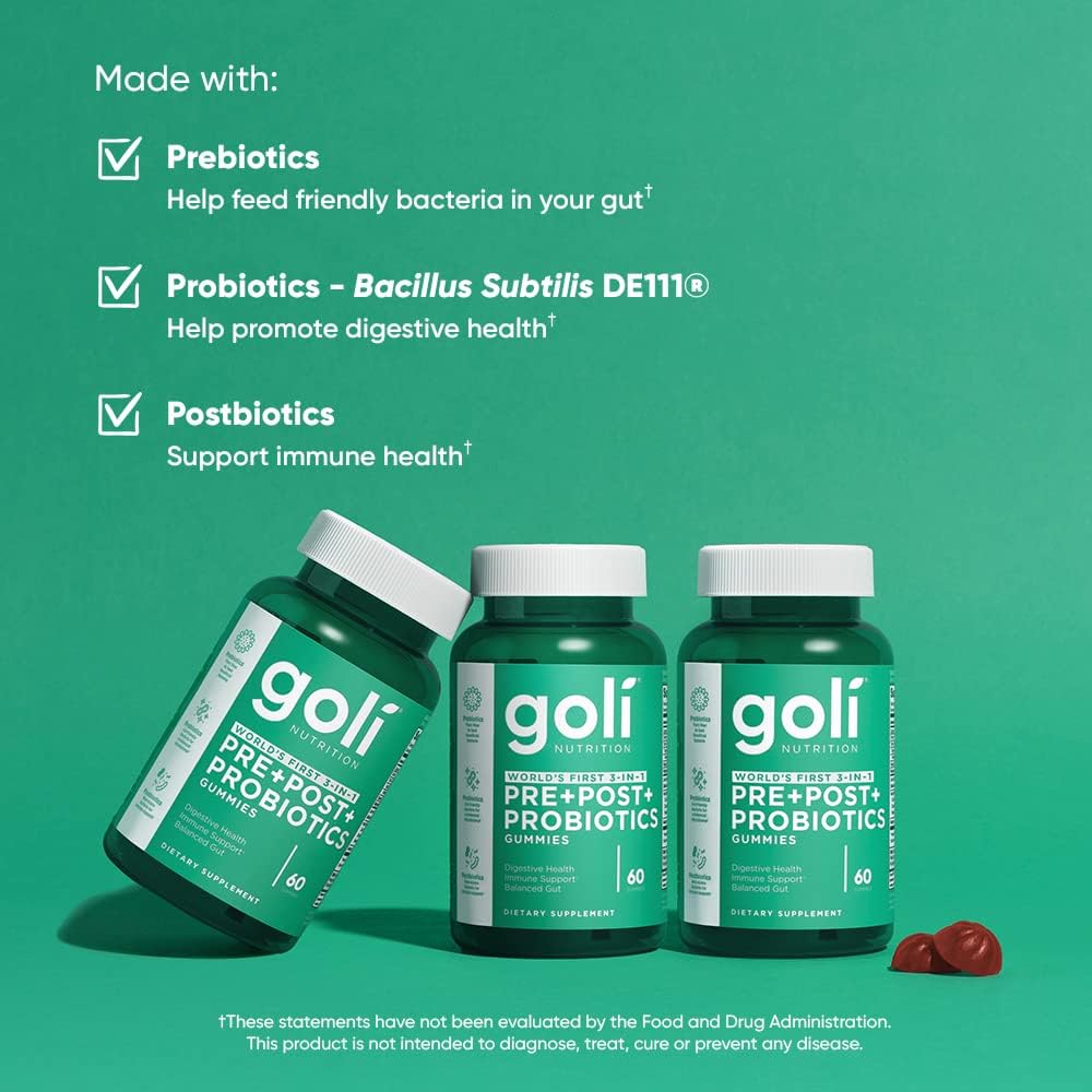 Goli Pre + Post + Probiotics Gummies - 60 Count - World’s First 3-in-1 Gluten-Free, Vegan, Non-GMO, and Gelatin-Free.