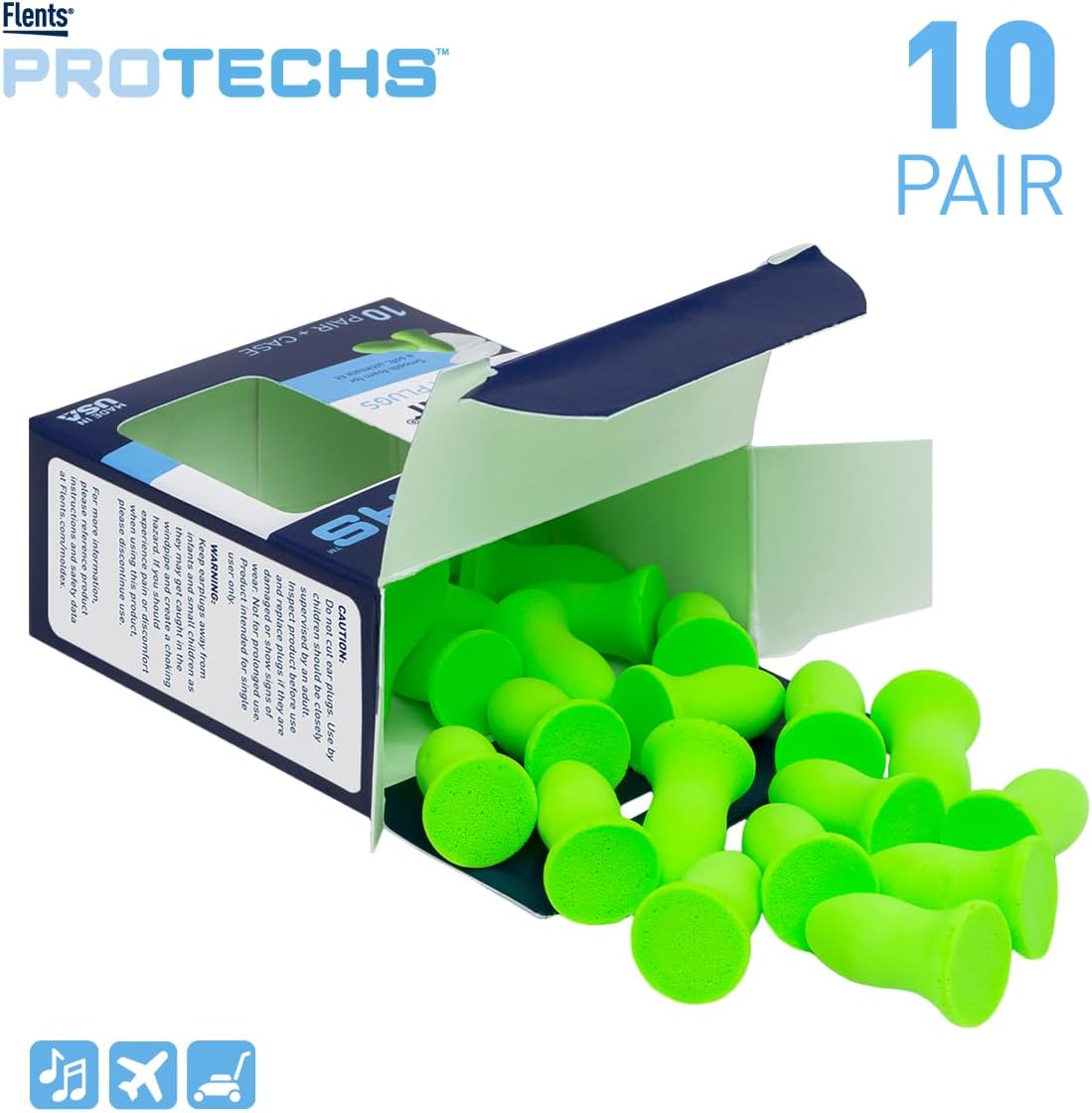 Flents Foam Ear Plugs, 10 Pair with Case for Sleeping, Snoring, Loud Noise, Traveling, Concerts, Construction, & Studying, NRR 33, Green, Made in the USA