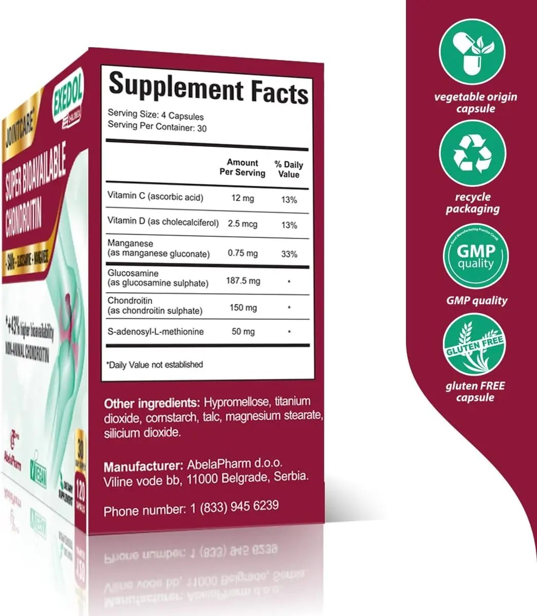 Exedol Z-globex Chondroitin Glucosamine Capsules. Supports Joints and Helps Cartilage Regeneration, 120 Count. Super Bioavailable Non-Animal Chondroitin Exedol Z-globex