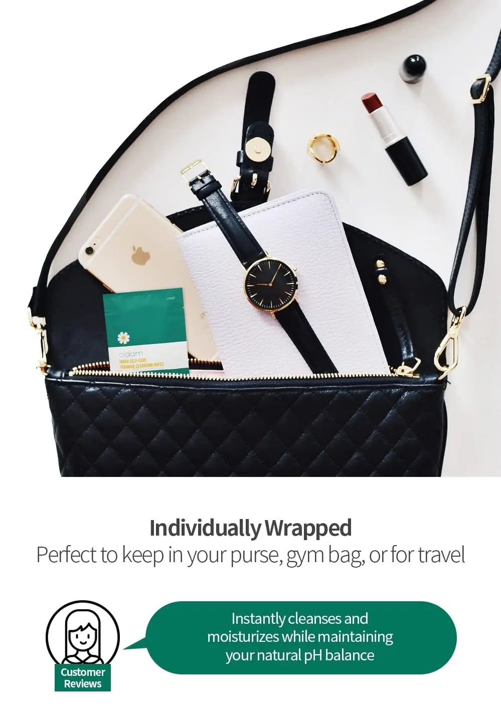 Oldam Feminine Flushable Wipes:100% Vegan, pH-Balanced, Moisturizers & Essential Oils, Sensitive Skin, Alcohol & Paraben Free, Eco-Friendly, and Ultra-Soft (Total 25 Individually Wrapped) Vitamins Depots