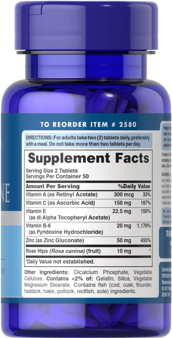 Puritan's Pride Zinc for Acne a Mineral for Immune Sytem Health 100 Tablets