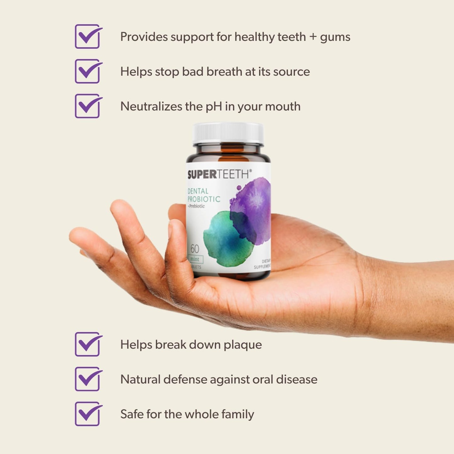 SUPER TEETH Chewable Dental Probiotic for Kids and Adults | Holistic Oral Probiotic That Supports Healthy Teeth and Gums | Sugar-Free Natural Mint Flavor | Fluoride Free 30ct