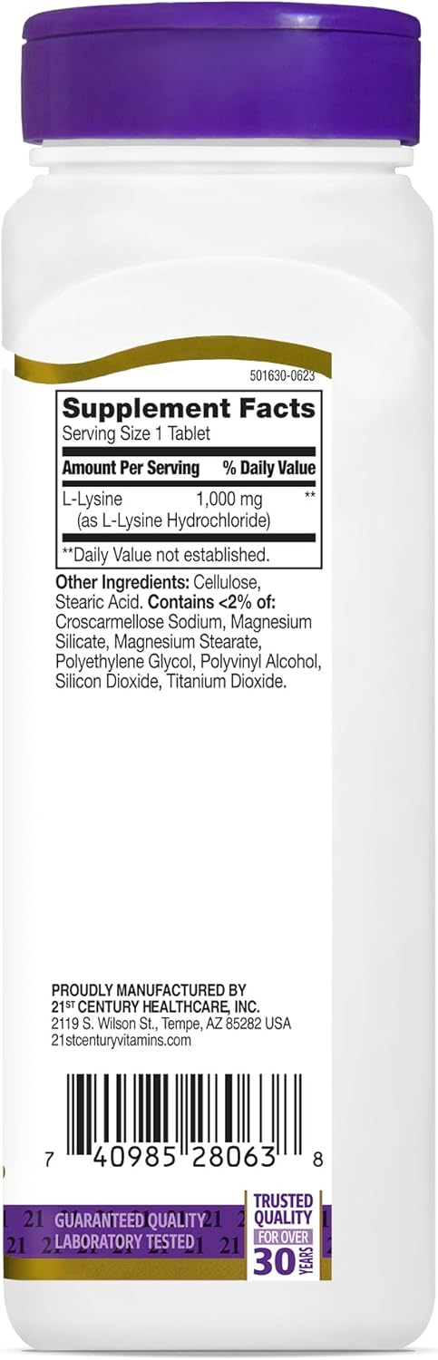 21st Century Healthcare L-Lysine 1000 mg, 90 Count Tablets