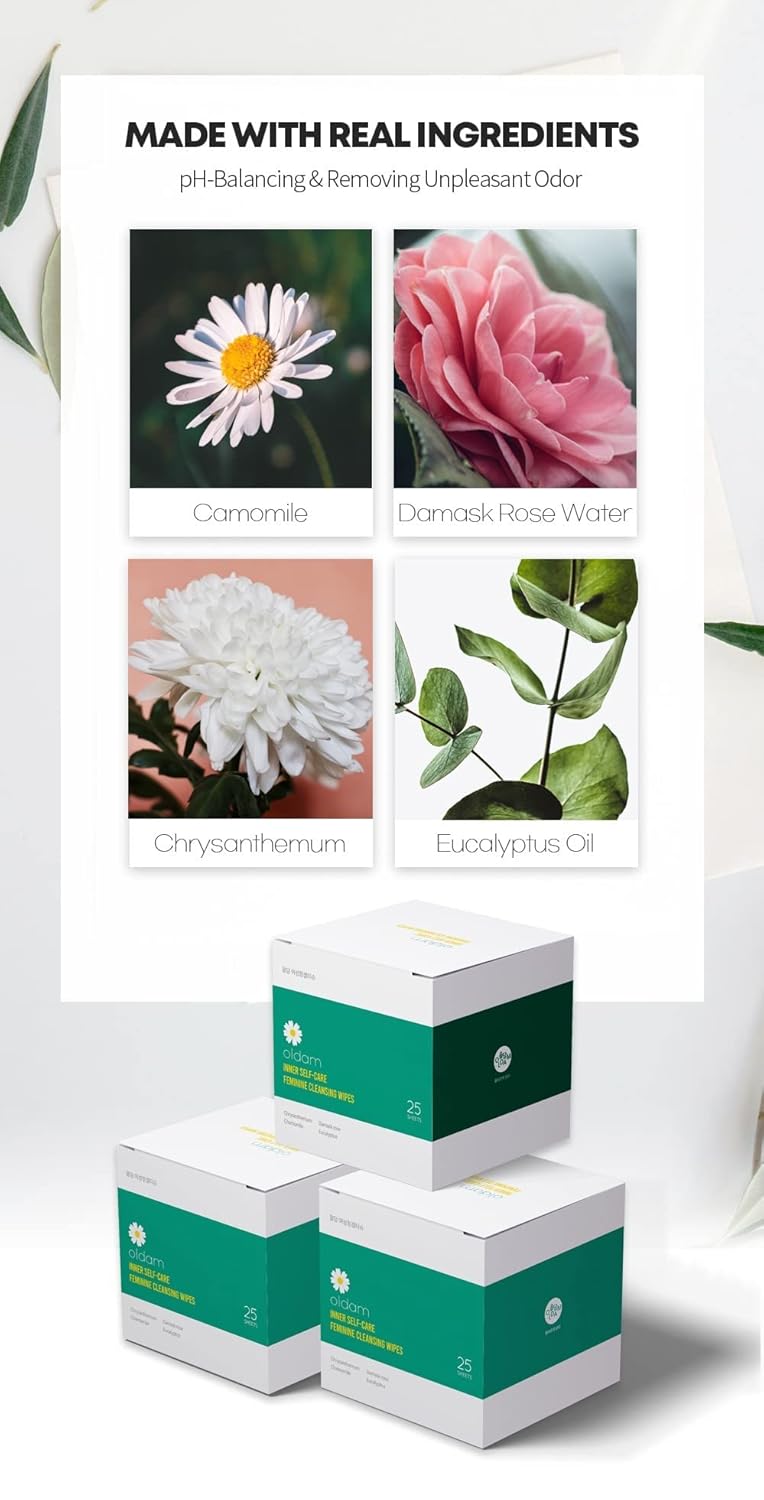 Oldam Feminine Flushable Wipes:100% Vegan, pH-Balanced, Moisturizers & Essential Oils, Sensitive Skin, Alcohol & Paraben Free, Eco-Friendly, and Ultra-Soft (Total 25 Individually Wrapped)