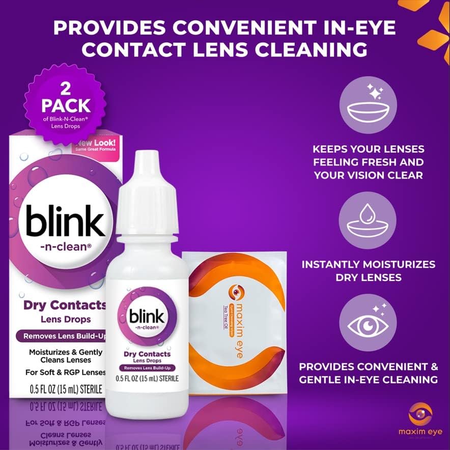 Blink-N-Clean Lens Drops 2 Pack Blink Eye Drops for Contact Lenses, 15 ml (Total 30 ml) Cleans & Moisturizes for Soft & RGP Lens Wearers