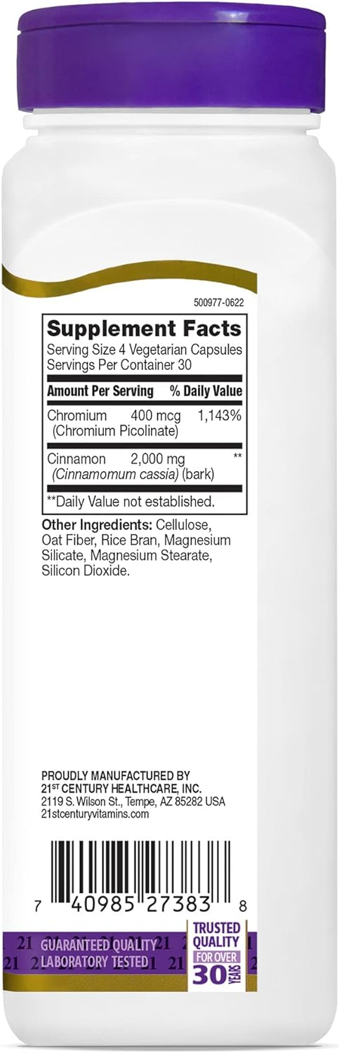21st Century Cinnamon 2000 mg Per Serving Plus Chromium Vegetarian Capsules 120 count