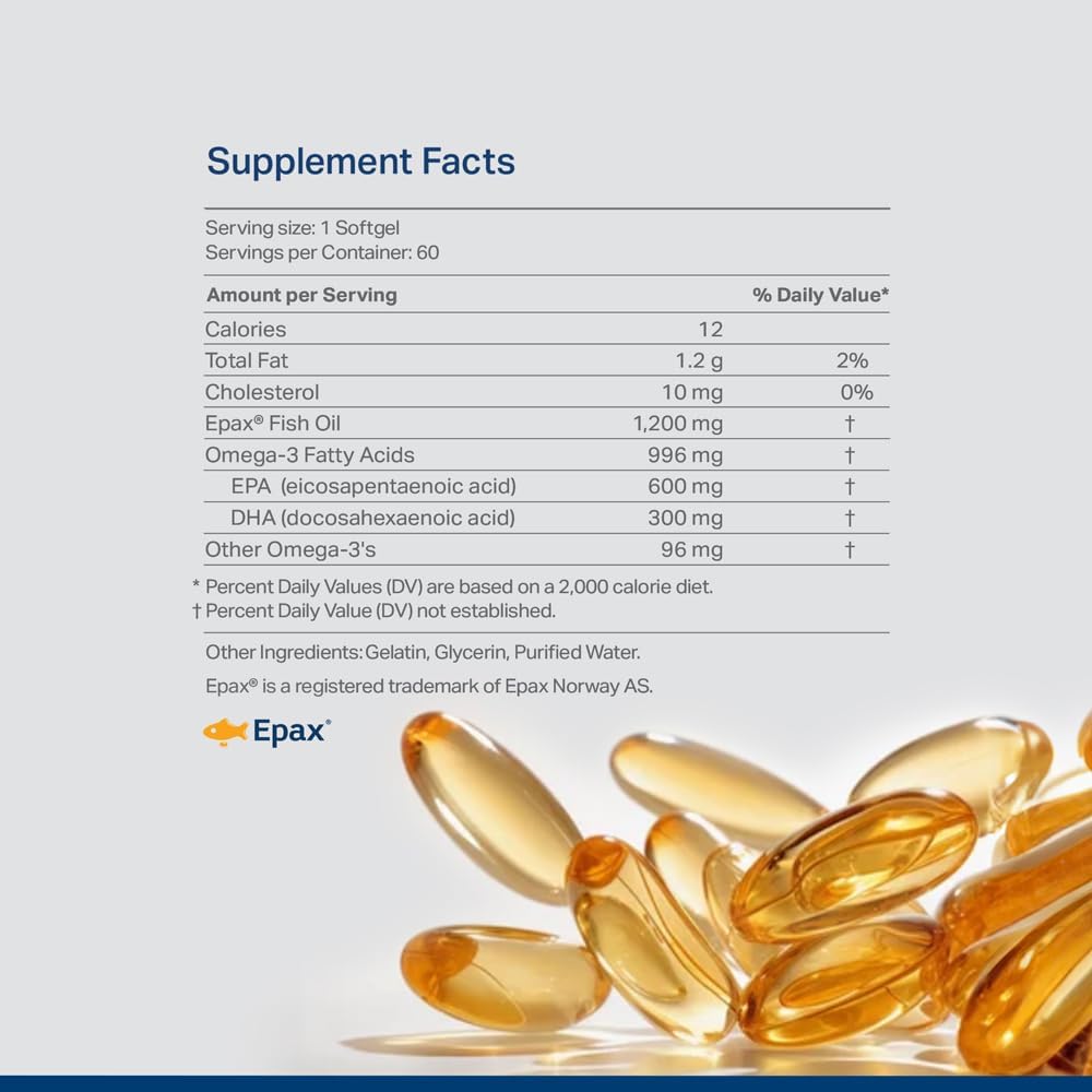 Norwegian rTG Omega-3 Supplement. Re-esterified Triglyceride Omega-3. Made with Epax Fish Oil. Maintains Heart & Brain Health. 1200mg. 60 Softgels