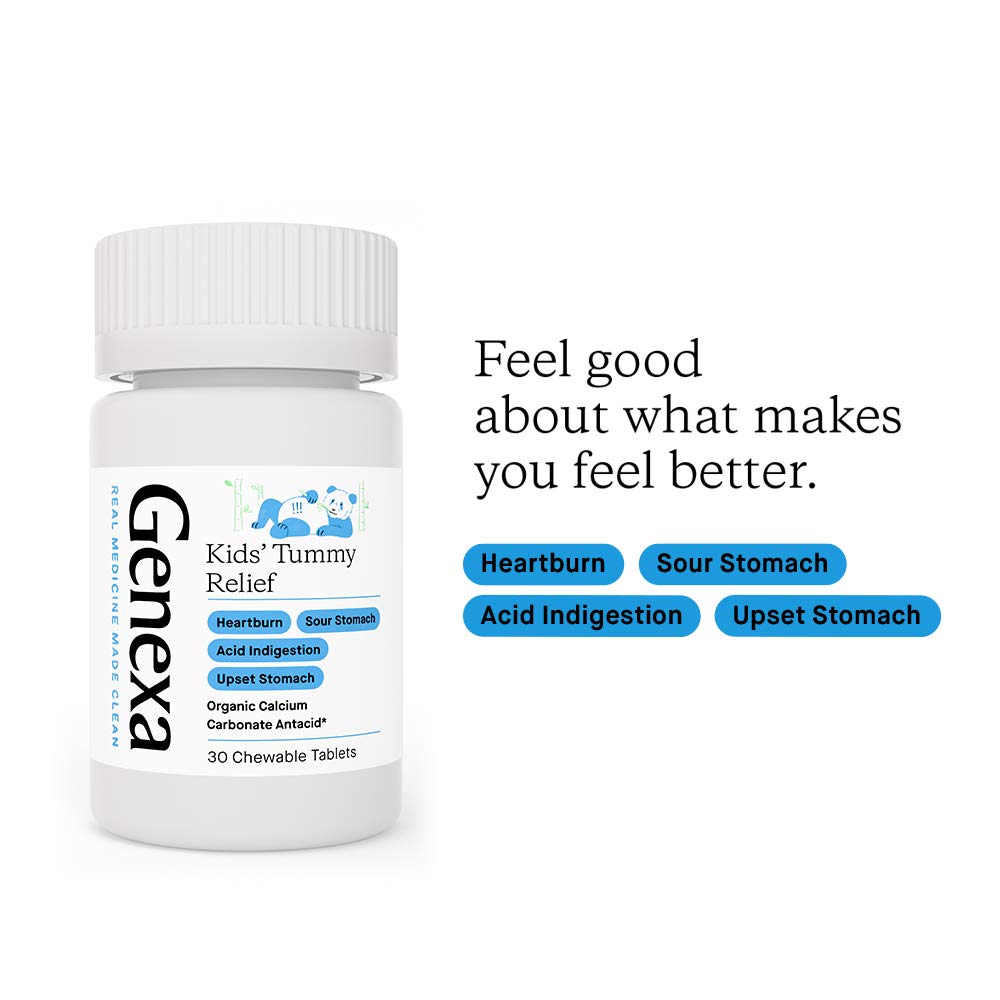 Genexa Kids' Tummy Relief - 30 Antacid Chews - Calcium Carbonate Acid Reducer - Certified Vegan, Gluten Free & Non-GMO