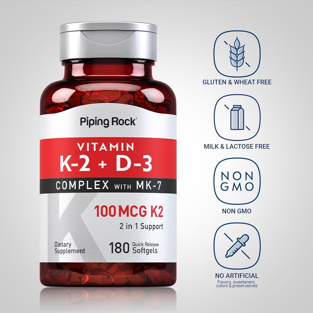 Piping Rock Vitamin K2 MK7 with D3 | 180 Capsules | 800 mcg Complex | Vitamin D3 5000 IU | Non-GMO, Gluten Free